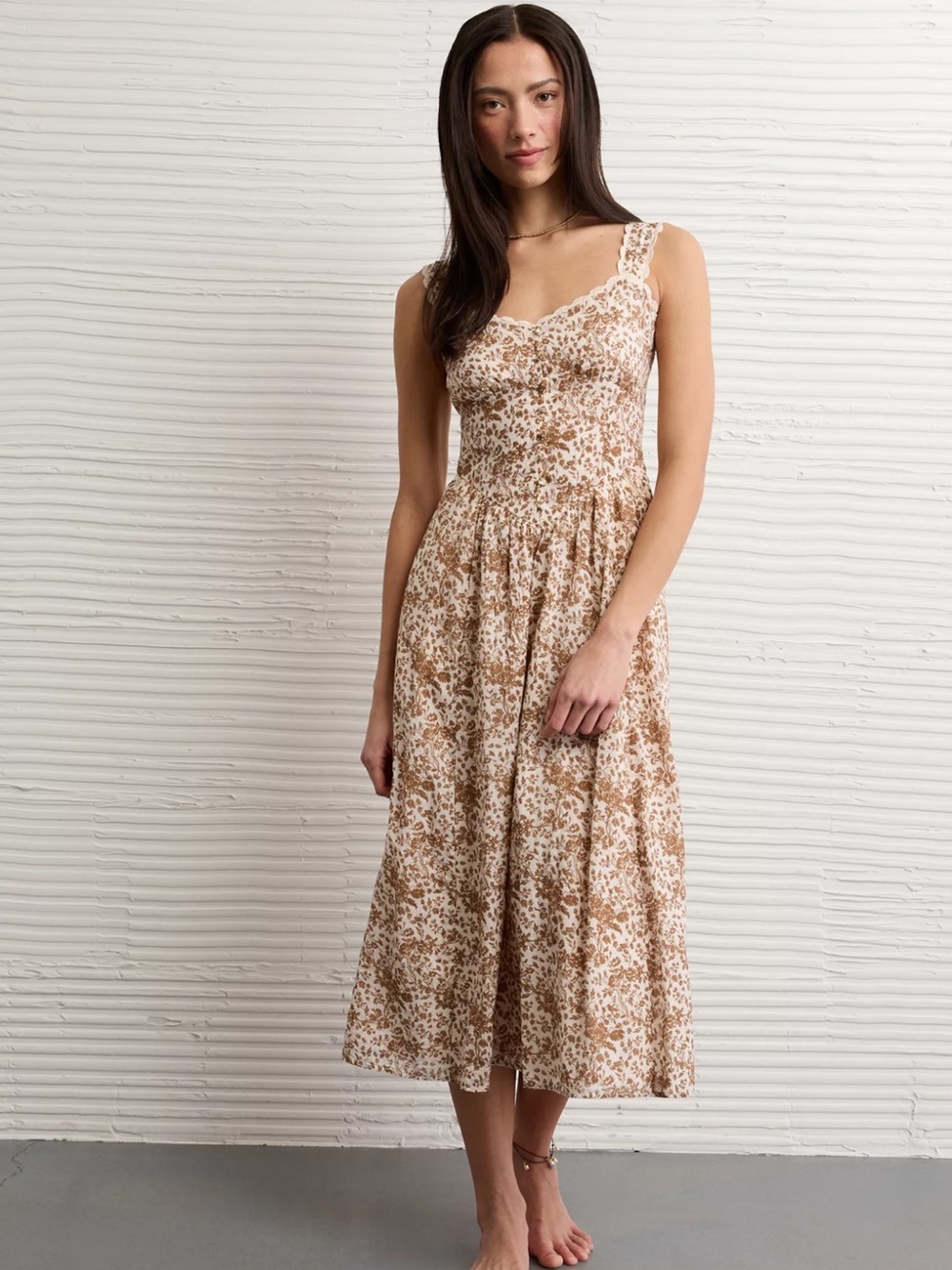 American Eagle Outfitters Beige and Brown Floral Midi Dress
